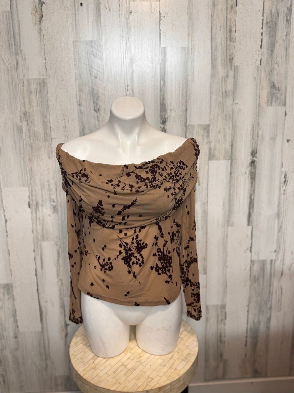Fashion Nova Brown Floral Mesh Off The Shoulder Ruched Long Sleeve Top Womens 1X